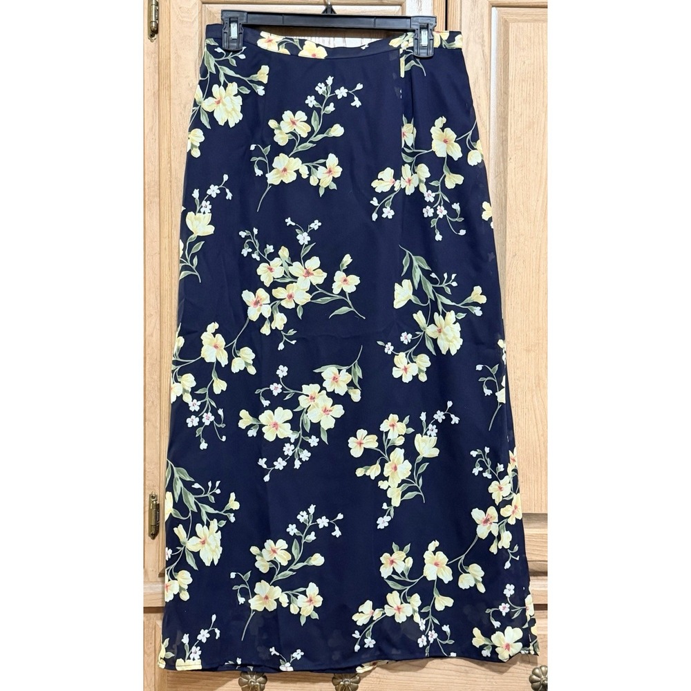 AGB Byer California Blue & Yellow Floral Skirt A-Line Womens Sz M Elastic Waist